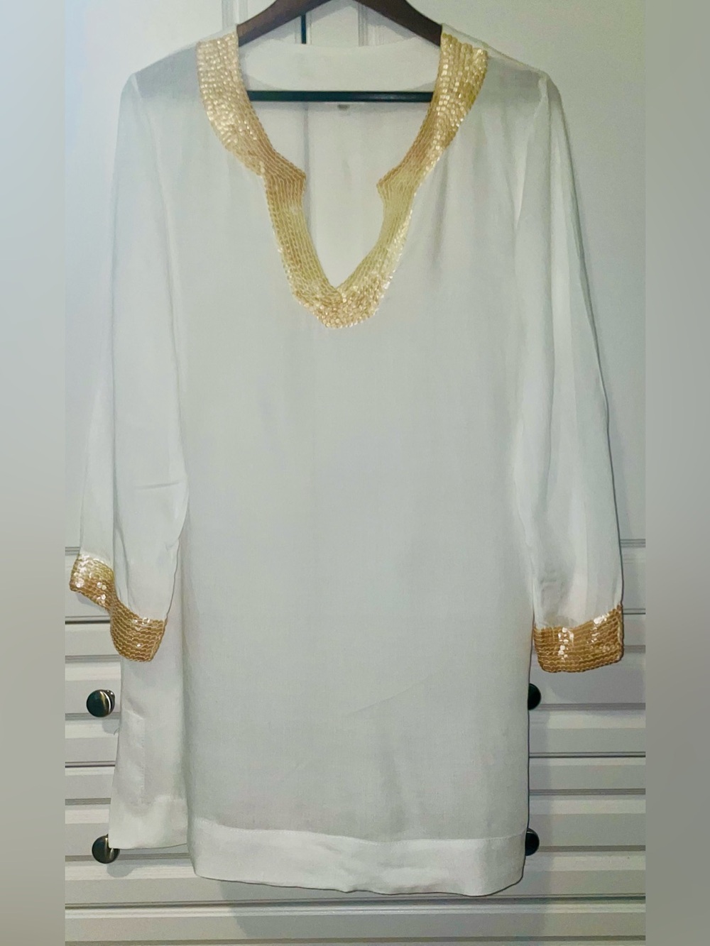 White & Gold Sequin V-Neck Swim Coverup